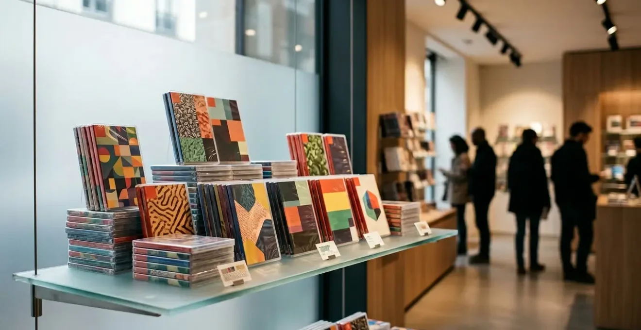 Vue cinématographique d'une pile de boîtes de jeux vidéo neufs dans un environnement commercial français avec reflets lumineux