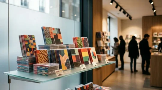 Vue cinématographique d'une pile de boîtes de jeux vidéo neufs dans un environnement commercial français avec reflets lumineux