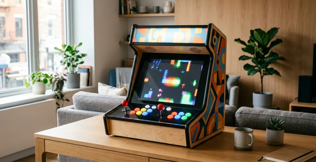 Vue latérale d'une borne d'arcade bartop personnalisée dans un salon moderne