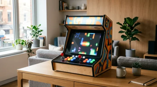 Vue latérale d'une borne d'arcade bartop personnalisée dans un salon moderne