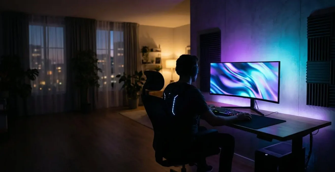 Configuration gaming immersive avec éclairages ambiants colorés dans un salon moderne