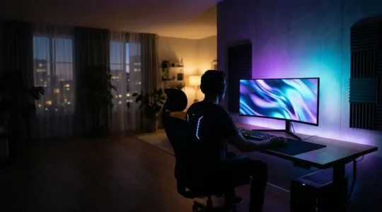 Configuration gaming immersive avec éclairages ambiants colorés dans un salon moderne