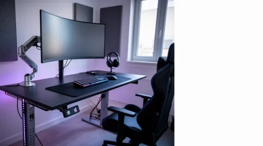 Setup gaming avec bureau assis-debout électrique en position semi-haute, éclairage d'ambiance LED violet-bleu