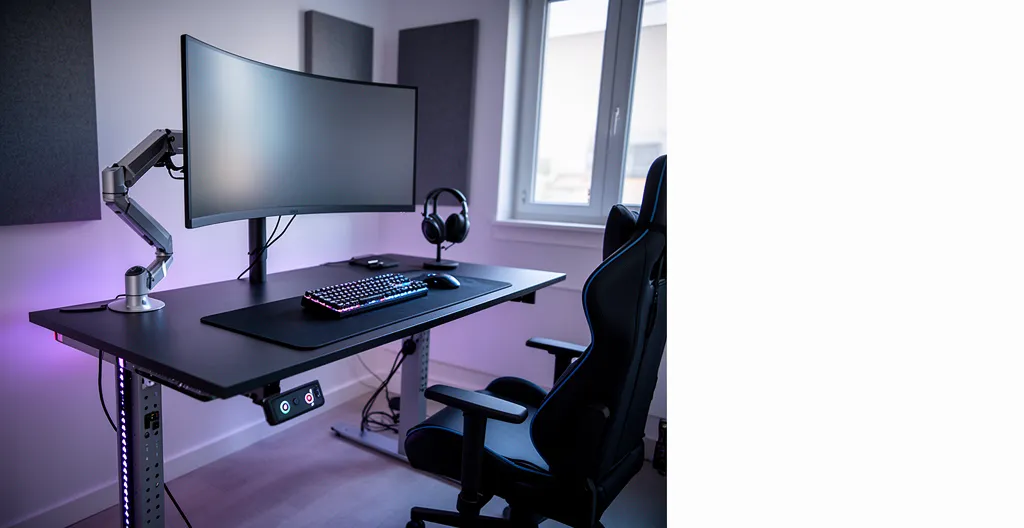 Setup gaming avec bureau assis-debout électrique en position semi-haute, éclairage d'ambiance LED violet-bleu