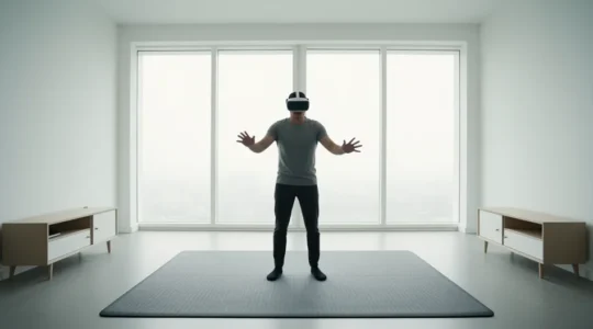 Joueur portant un casque VR dans un environnement domestique optimisé avec tapis et espace dégagé