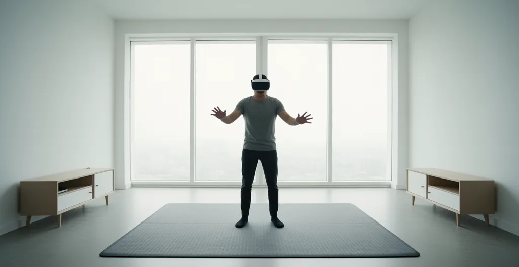 Joueur portant un casque VR dans un environnement domestique optimisé avec tapis et espace dégagé