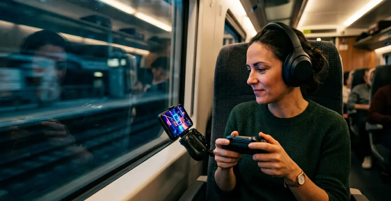 Un voyageur joue à un jeu vidéo AAA sur son smartphone dans un train moderne, manette Backbone attachée, écran illuminé reflétant des couleurs néon