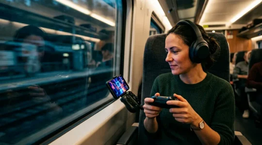 Un voyageur joue à un jeu vidéo AAA sur son smartphone dans un train moderne, manette Backbone attachée, écran illuminé reflétant des couleurs néon