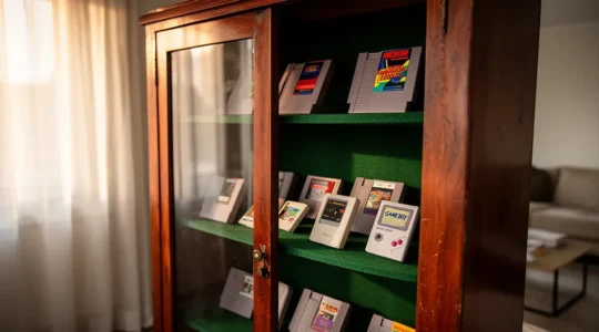 Collection de cartouches de jeux rétro organisées avec soin dans une vitrine vintage