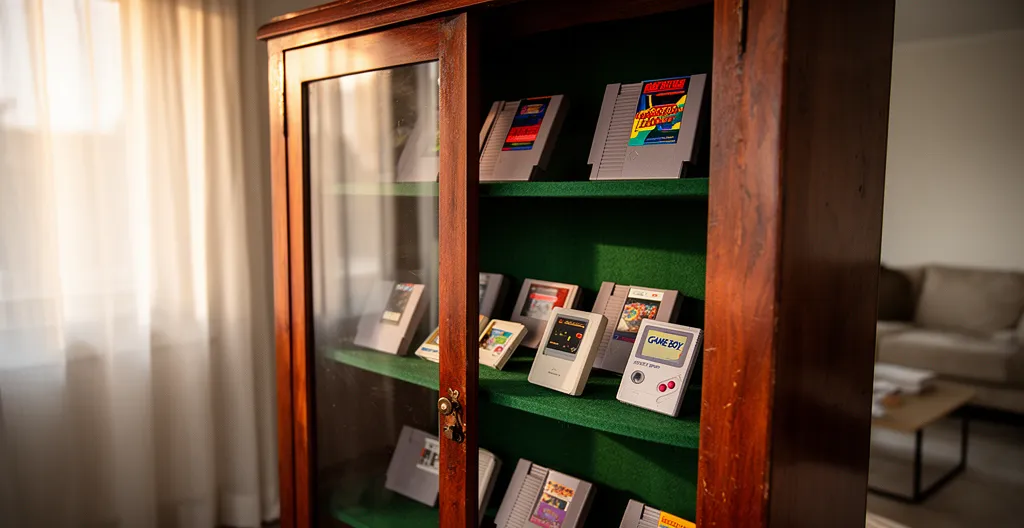 Collection de cartouches de jeux rétro organisées avec soin dans une vitrine vintage