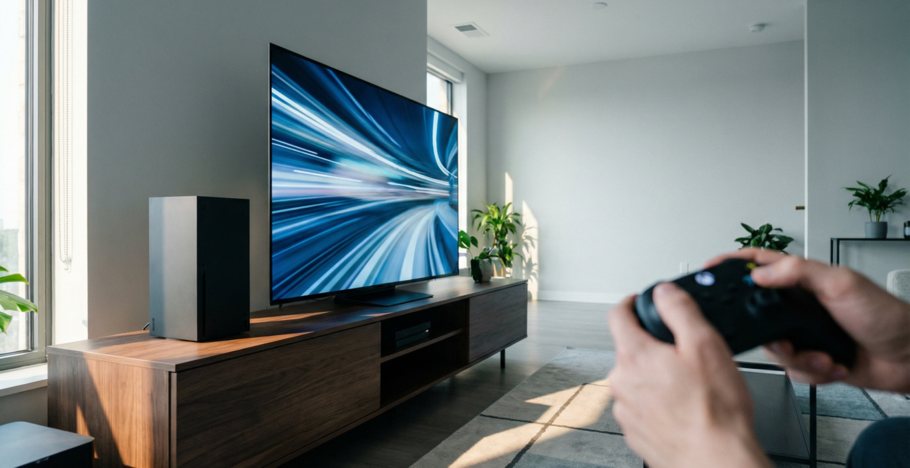 Configuration gaming avec console et écran haute performance en action