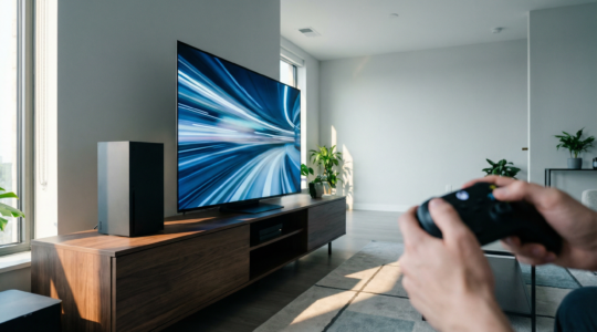 Configuration gaming avec console et écran haute performance en action