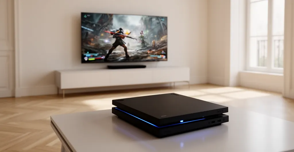 Console gaming moderne PS5 dans setup home cinema européen