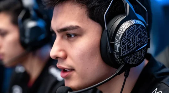 Joueur utilisant un casque gaming avec microphone dans un environnement de jeu compétitif