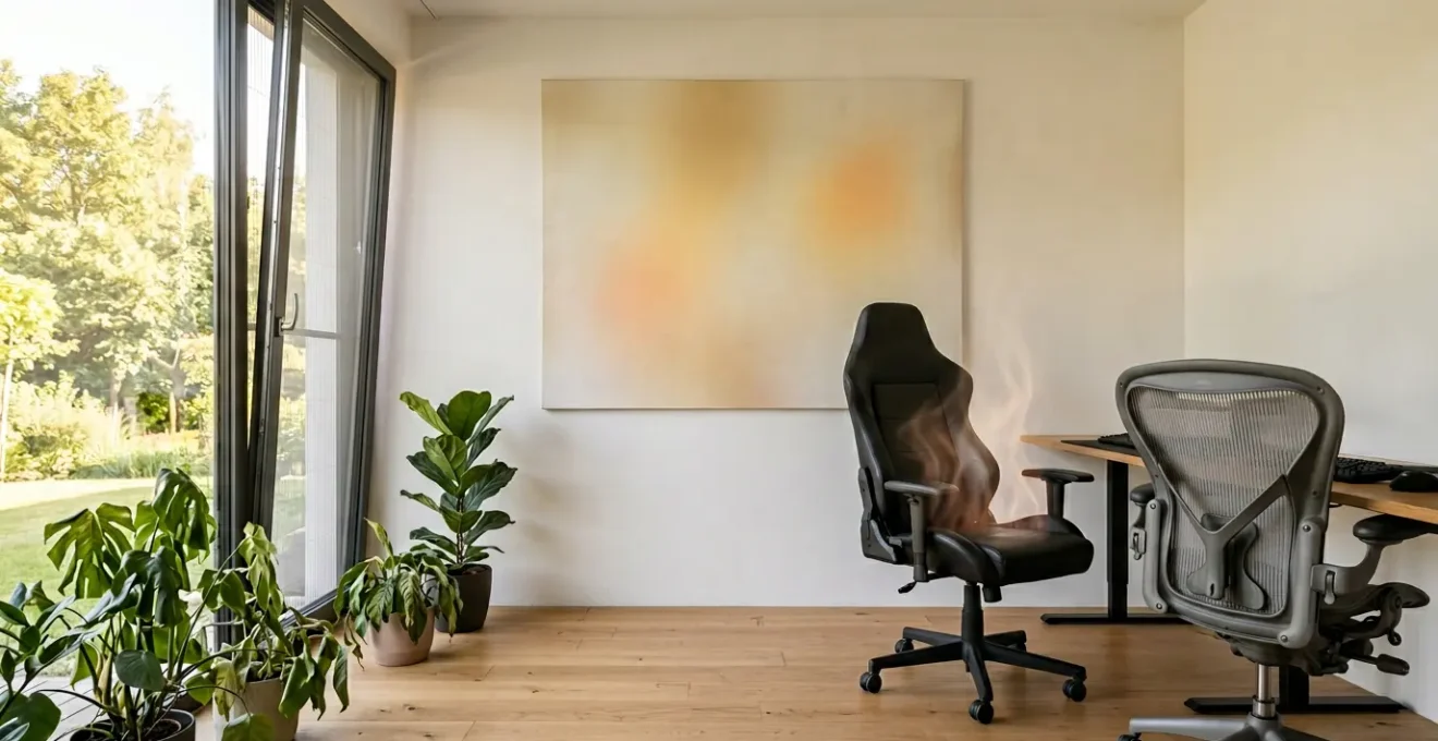 Comparaison visuelle entre similicuir et tissu maille sur fauteuils gaming en environnement estival