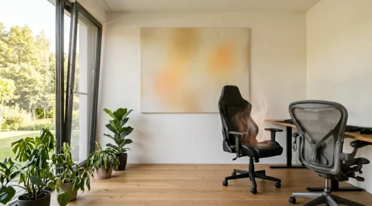 Comparaison visuelle entre similicuir et tissu maille sur fauteuils gaming en environnement estival