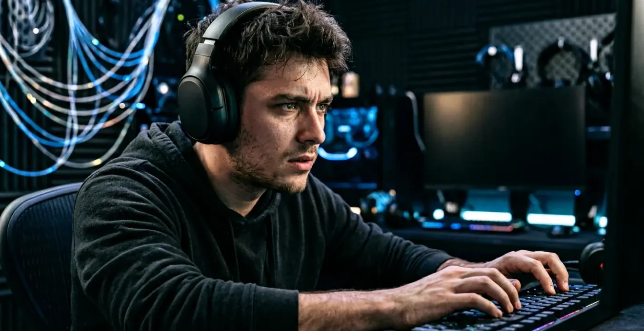 Un setup gaming moderne avec fibre optique visible mais montrant des signes de latence