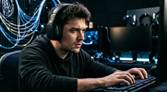 Un setup gaming moderne avec fibre optique visible mais montrant des signes de latence