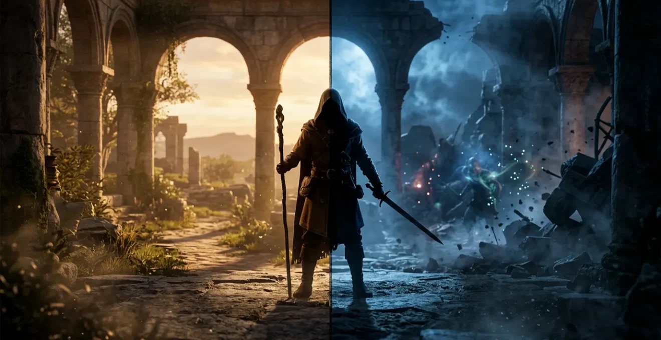 Un joueur navigue entre phases d'exploration calme et combat intense dans un environnement aux tons ambrés et bleutés