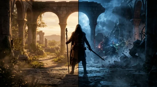 Un joueur navigue entre phases d'exploration calme et combat intense dans un environnement aux tons ambrés et bleutés