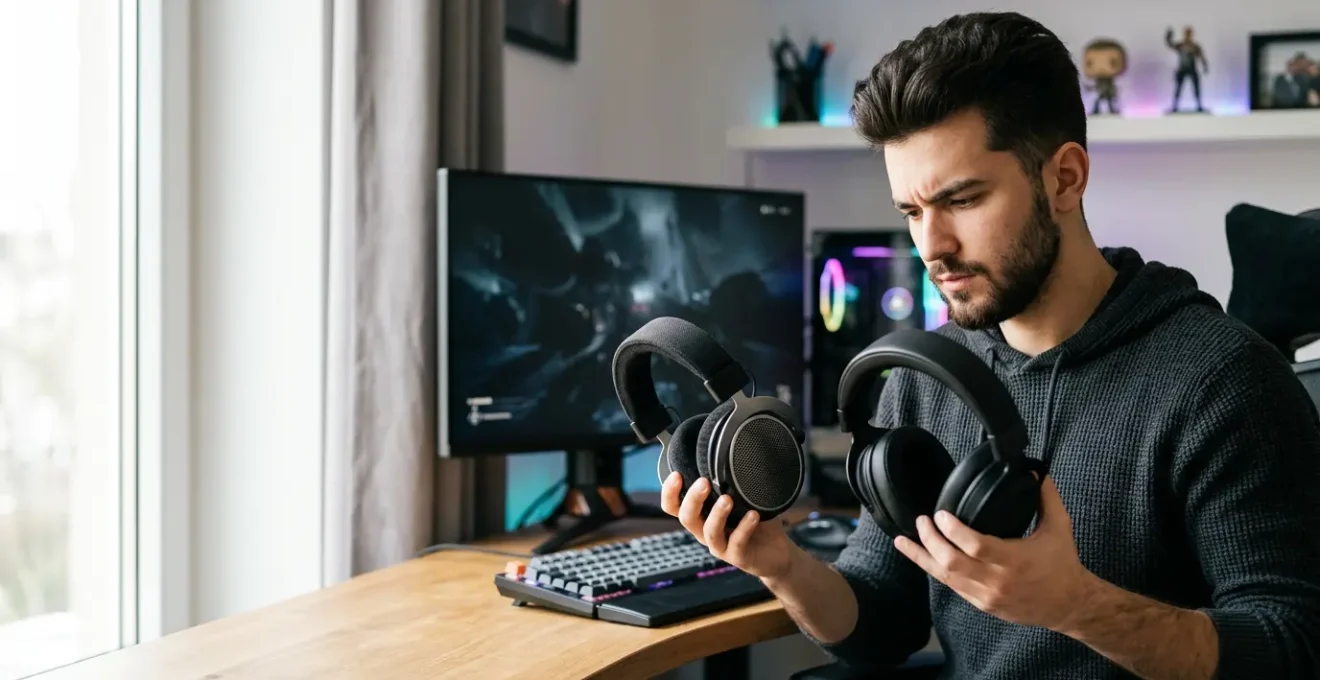 Gamer hésitant entre un casque ouvert et fermé dans son espace de jeu