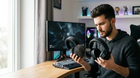 Gamer hésitant entre un casque ouvert et fermé dans son espace de jeu