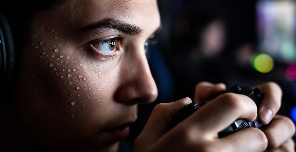 Joueur professionnel en concentration intense pendant une situation de Top 10 dans un battle royale