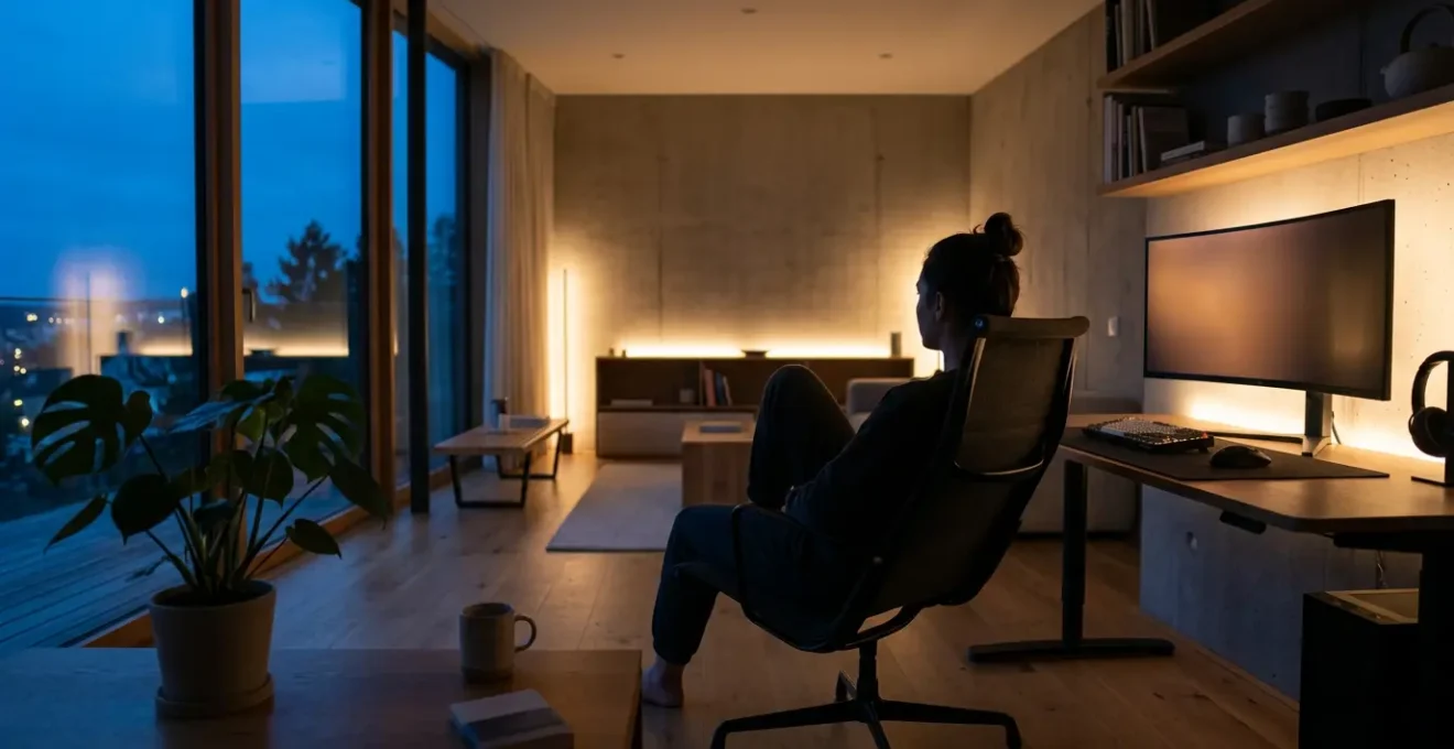 Joueur dans un environnement apaisant en soirée, immergé dans une expérience de jeu vidéo relaxante