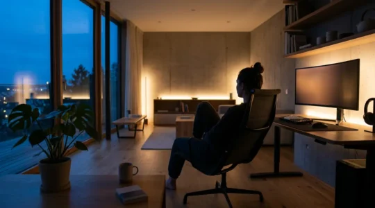 Joueur dans un environnement apaisant en soirée, immergé dans une expérience de jeu vidéo relaxante