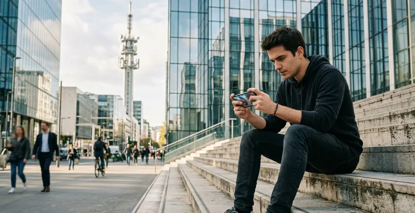 Joueur mobile testant une connexion 5G dans une rue parisienne