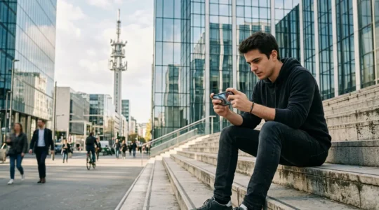 Joueur mobile testant une connexion 5G dans une rue parisienne