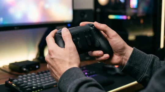 Joueur professionnel utilisant une manette avec palettes arrière dans un environnement de jeu ergonomique