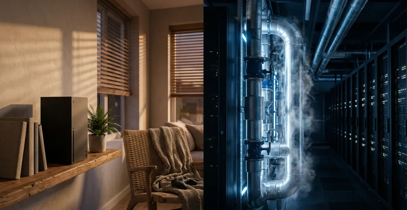 Vue comparative d'une console de jeu moderne et d'un datacenter avec refroidissement liquide, représentant le dilemme énergétique du gaming