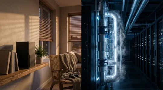 Vue comparative d'une console de jeu moderne et d'un datacenter avec refroidissement liquide, représentant le dilemme énergétique du gaming