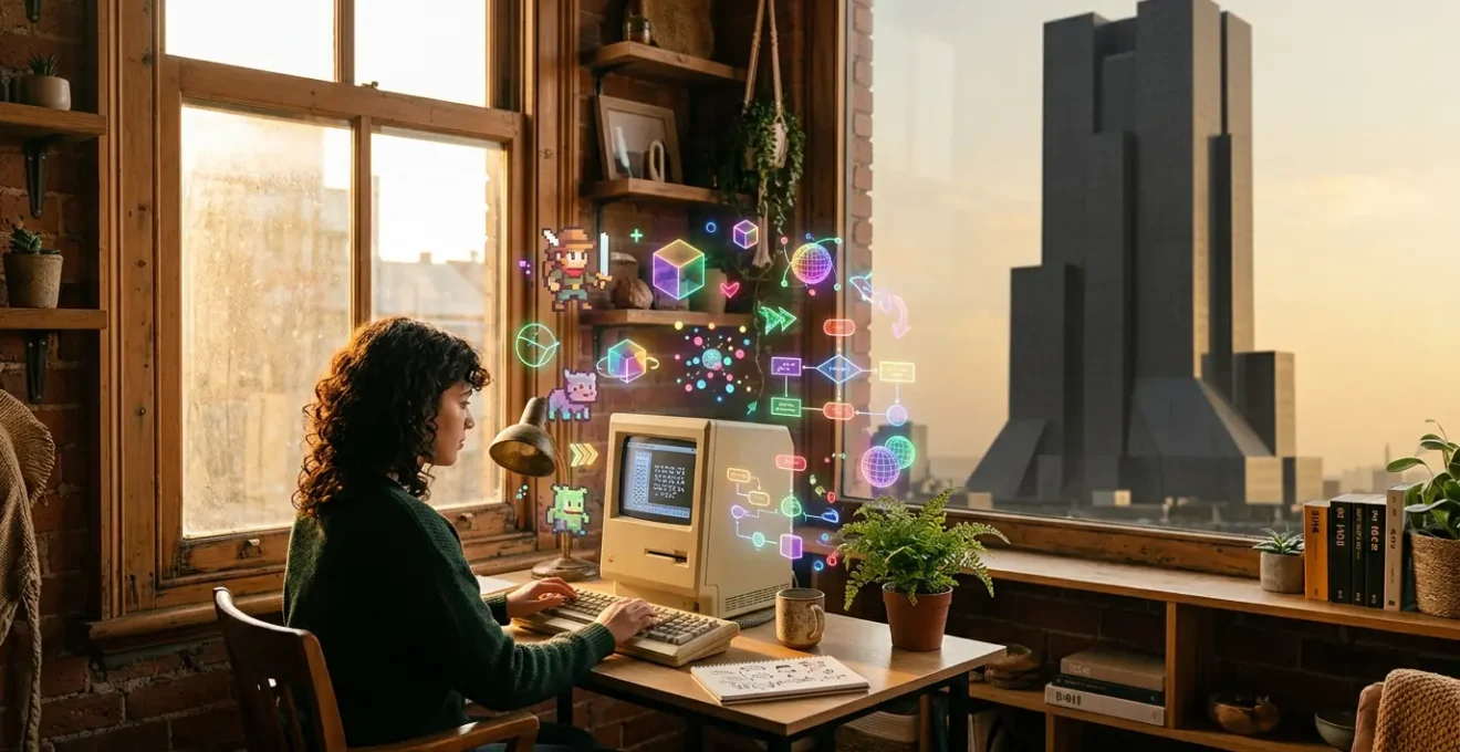 Scène minimaliste montrant un développeur indépendant travaillant dans un petit espace créatif, entouré de concepts colorés et innovants flottant dans l'air