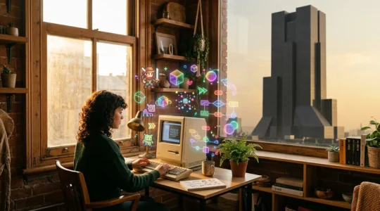 Scène minimaliste montrant un développeur indépendant travaillant dans un petit espace créatif, entouré de concepts colorés et innovants flottant dans l'air