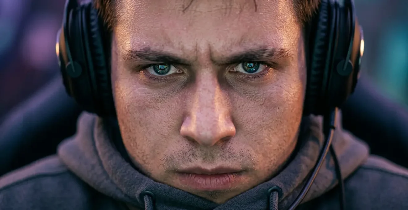 Gros plan sur le visage concentré d'un joueur en pleine partie classée de League of Legends