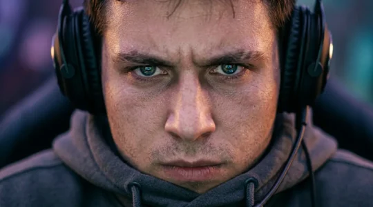 Gros plan sur le visage concentré d'un joueur en pleine partie classée de League of Legends