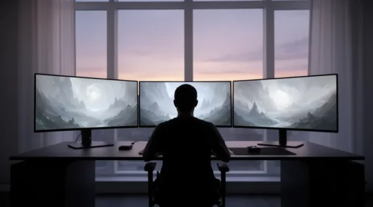 Joueur immergé dans une épopée RPG fantastique avec carte détaillée et personnages en arrière-plan