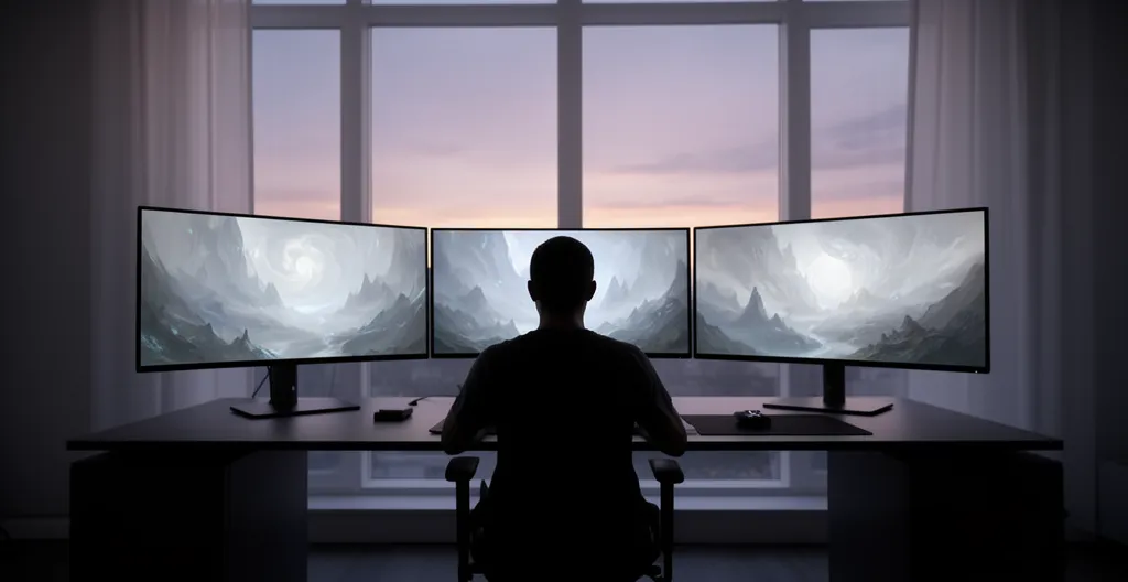 Joueur immergé dans une épopée RPG fantastique avec carte détaillée et personnages en arrière-plan