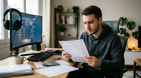 Joueur eSport professionnel dans son bureau consultant des documents fiscaux avec un setup gaming en arrière-plan