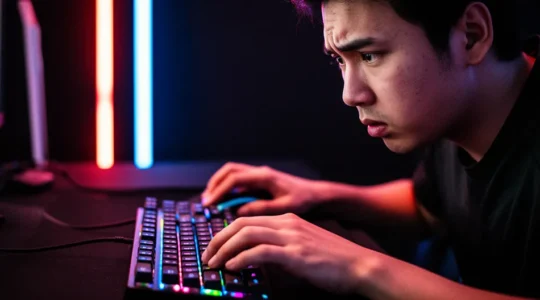 Joueur de League of Legends concentré devant son setup gaming dans l'obscurité, éclairage LED rouge et bleu