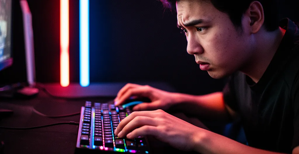 Joueur de League of Legends concentré devant son setup gaming dans l'obscurité, éclairage LED rouge et bleu