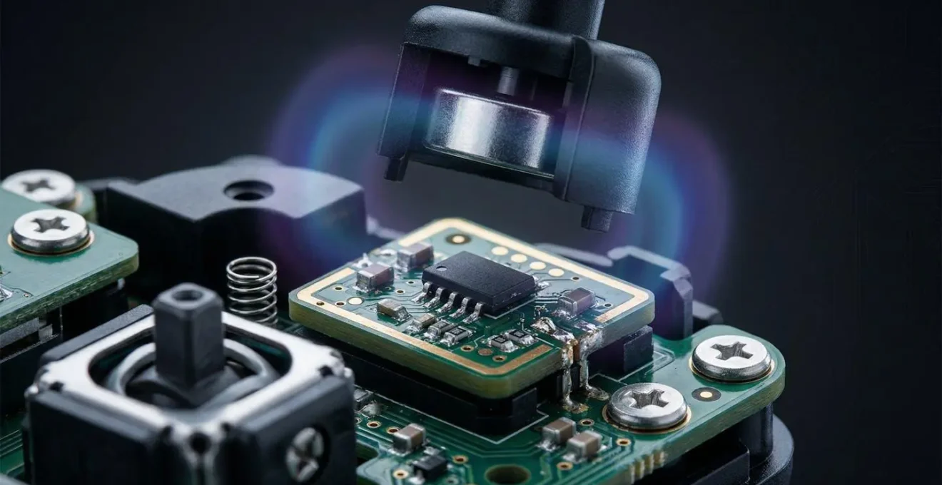 Gros plan sur un joystick à effet Hall montrant les composants magnétiques sans contact