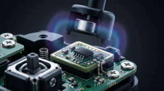 Gros plan sur un joystick à effet Hall montrant les composants magnétiques sans contact