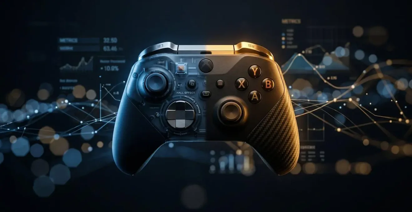 Manette professionnelle gaming avec détails techniques et environnement de jeu compétitif