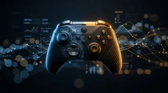 Manette professionnelle gaming avec détails techniques et environnement de jeu compétitif