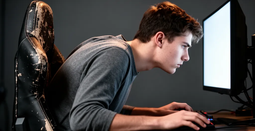 Joueur en posture inadéquate devant son écran, dos courbé visible dans une pièce sombre éclairée par l'écran