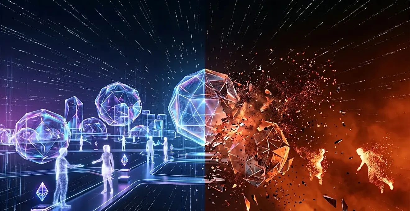 Vue panoramique d'un monde virtuel avec avatars et objets numériques illustrant les enjeux économiques du métavers