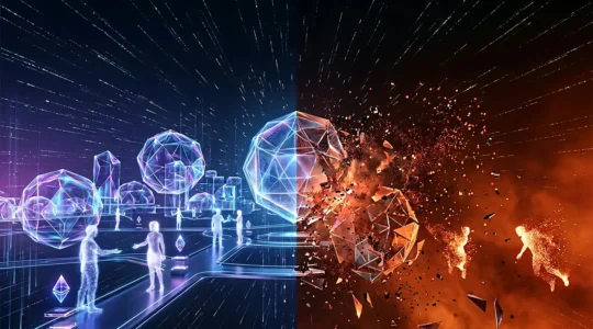 Vue panoramique d'un monde virtuel avec avatars et objets numériques illustrant les enjeux économiques du métavers